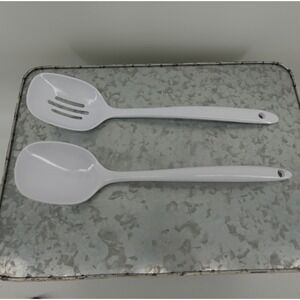 White Melamine Serving Spoon Set Slotted and Solid JP-616 JP-617 11 Inch 2 Piece